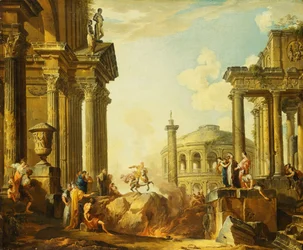 Marcus Curtius springt in den Abgrund, ein Capriccio mit der Trajanssäule und anderen klassischen Gebäuden im Hintergrund
