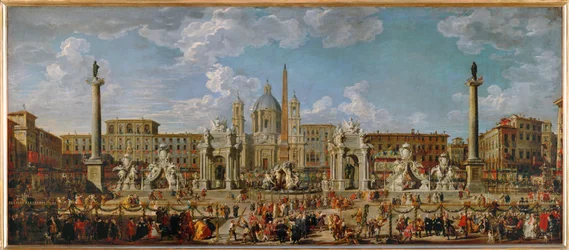 Vorbereitungen für das Feuerwerk und die Dekoration des Festes auf der Piazza Navona in Rom am 30. November