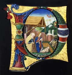 Ein großes historiertes Initial "P", das eine Geburtsszene darstellt, ca. 1490