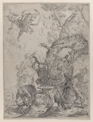 Die Schmiede des Vulkan mit Schmieden, die mit Hämmern auf einen Amboss schlagen, 1640-59