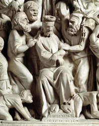 Detail der Reliefs des Stuhls: Jesus verspottet (Detail)