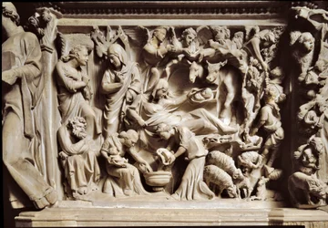 Die Verkündigung und die Geburt Christi (Hochrelief aus Marmor)