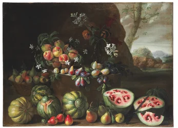 Wassermelonen, Pfirsiche, Birnen und andere Früchte in einer Landschaft