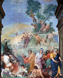 Die Musen und Dichterjagden des Parnassus (Musen und Dichter vom Parnassus vertrieben) Fresko-Detail von Giovanni da San Giovanni (1592-1636) 1634-1642 Museo degli argenti, Palazzo Pitti, Florenz