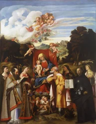 Madonna auf dem Thron mit Engeln, St. Apollonia, St. Augustinus, St. Katharina, St. Joseph, St. Grata, St. Philipp Benizzi und St. Barbara (St. Gotthard Altarbild)