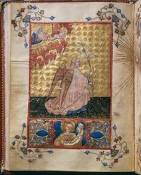 Italien, Verkündigung: der Engel mit einer Lilie, Miniatur von Giovanni di Benedetto da Como, aus Officium Beatae Mariae Virginis von Alberto de Porcelis