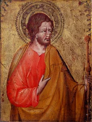 Darstellung des Heiligen Jakobus des Pilgers. Dies ist der Heilige Jakobus der Ältere oder der Heilige Jakobus, Sohn des Zebedäus. Gemälde von Giovanni di Paolo (1395/1400-1482) 15. Jahrhundert. Assisi, Museo del Tesoro della Basilica di San Francesco e Co