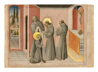 Die Investitur der Heiligen Klara: die Heilige erhält die Kleider ihres Ordens von Franz von Assisi, ca. 1389-1482
