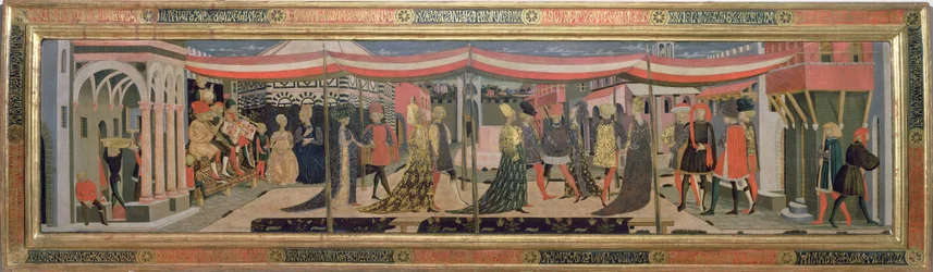 Frontal vom Adimari Cassone, das eine Hochzeitsszene vor dem Baptisterium darstellt, ca. 1450