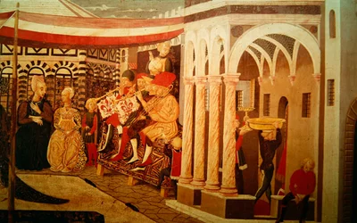 Frontal vom Adimari Cassone, das eine Hochzeitsszene vor dem Baptisterium darstellt, ca. 1450