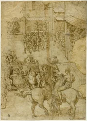 Mythologische Parade (recto); Unleserliche Inschriften und anatomische Studien des Kopfes (verso)