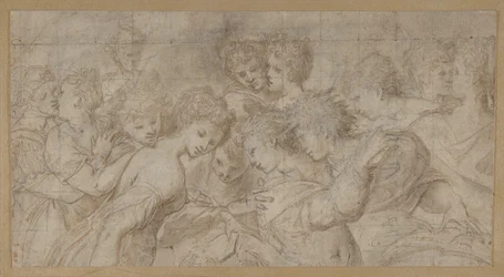 Umarmende Frauenfiguren, einige halten Notenblätter, 1570-73