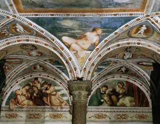 Allegorie des Frühlings mit Mond im Vordergrund, Detail der Fresken von Girolamo Romanino (ca. 1484-nach 1559), im Auftrag von Bernardo Clesio