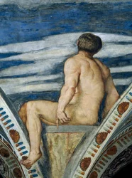 Männlicher Akt, Detail der Fresken von Girolamo Romanino (ca. 1484-nach 1559), in Auftrag gegeben von Bernardo Clesio