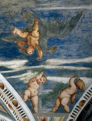 Raub des Ganymed und Putti, Mosaiknischen und Statuen, Detail der Fresken von Girolamo Romanino, im Auftrag von Bernardo Clesio