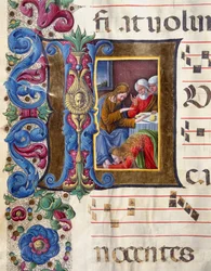 Illuminierte Initiale, die Maria Magdalena zu Füßen Jesu darstellt. Miniatur von Girolamo da Cremona (aktiv um 1451-1483) und Liberale da Verona (1445-1529) aus einem Chorbuch (Cod. 22/7. c.15v) aus der Kathedrale von Siena. 15. Jahrhundert