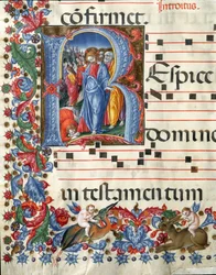 Illuminierte Initiale, die Christus und den Aussätzigen darstellt. Miniatur von Girolamo da Cremona (aktiv um 1451-1483) und Liberale da Verona (1445-1529) aus einem Chorbuch (Cod. 19/4. c.26.) aus der Kathedrale von Siena. 15. Jahrhundert