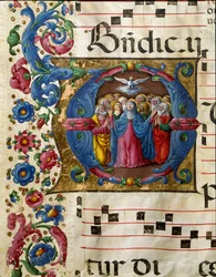 Die Taube des Heiligen Geistes erscheint der Jungfrau Maria und den Aposteln. Miniatur von Girolamo da Cremona (aktiv um 1451-1483) aus einem Chorbuch (Cod. 10/L. c.32v) aus der Kathedrale von Siena. 15. Jahrhundert