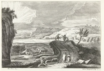 Hügellandschaft mit Pilgern auf dem Weg und Sonnenuntergang. Italienische Landschaften (Serie)