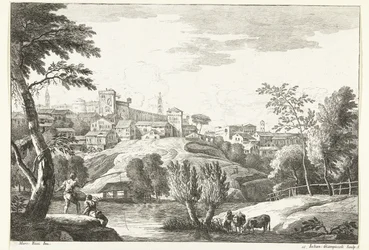 Hügellandschaft mit Stadt und Angler