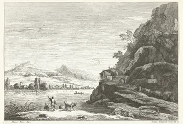 Flusslandschaft mit Haus an Felsen
