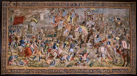 Flämischer Wandteppich. Serie Die Taten des Scipio: Die Schlacht bei Zama. Zeichner Giulio Romano. Atelier von Balthasar van Vlierden (?), Brüssel. 1523-1532