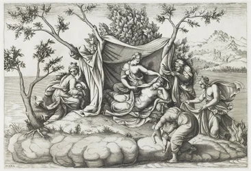 Latona gebiert Apollo und Diana, graviert von Diana Mantovana, nach 1575