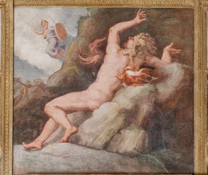 Ajax auf einem scharfen Felsen von einem Blitz durchbohrt, Das Trojanische Pferd, Kammer von Troja (Sala di Troia)