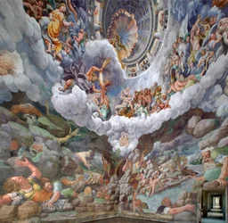 Zeus umgeben von anderen Göttern des Olymp, die Blitze gegen die Giganten werfen und sie zerstören, Gewölbe und die Süd- und Westwände, Kammer der Giganten (Sala dei Giganti)