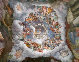 Zeus umgeben von anderen Göttern des Olymp, die Blitze gegen die Giganten werfen und sie zerstören, Gewölbe und die Süd- und Westwände, Kammer der Giganten (Sala dei Giganti)