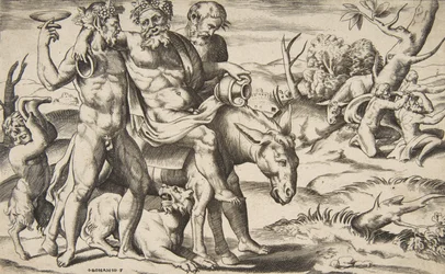 Ein betrunkener Silen reitet auf einem Esel und wird von Satyrn gestützt, 1531-76.