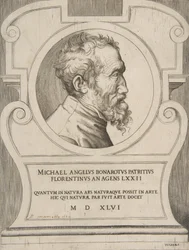 Büste von Michelangelo nach rechts gewandt, in einer Kartusche, 1546