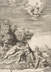 Kalypso versucht, Odysseus zurückzuhalten, während ein Kind rechts seine Rüstung vorbereitet und Merkur fällt, 1531-76
