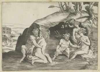 Drei Nymphen und zwei Satyrn beim Baden