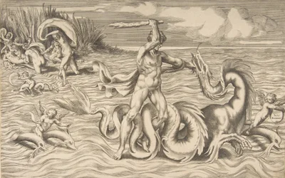 Herkules kämpft gegen einen Drachen in der Mitte, Achelous entführt Deianeira oben links