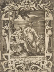 Jupiter links in der Gestalt eines Hirten begleitet von Mnemosyne, in einem aufwändigen...