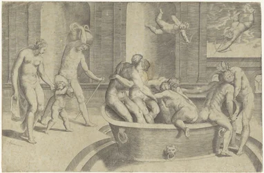 Männer und Frauen in großer Badewanne
