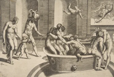 Männer und Frauen beim Baden, einige umarmend, 1531-76