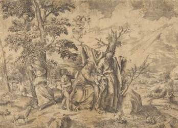 Die Rast auf der Flucht nach Ägypten, Joseph rechts, die Jungfrau hält das Christuskind, 1531-76