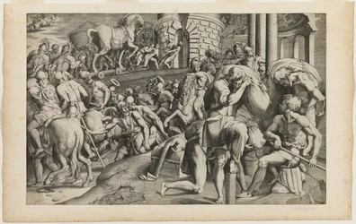 Das Trojanische Pferd wird in die Stadt Troja gezogen