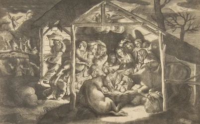 Die Anbetung der Hirten, verschiedene Figuren um das Christkind in der Mitte..., 1531-76