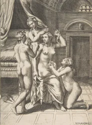 Die Toilette der Psyche, die in der Mitte sitzt und bedient wird, 1531-76