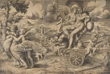 Der Triumph von Amor und Psyche, die auf einem von zwei Vögeln gezogenen Wagen sitzen, ca. 1550-67