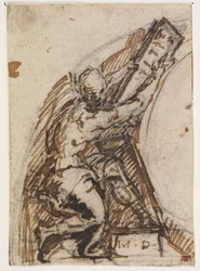 Sitzender Mann mit Schrifttafel(?). Architekturdetaill
