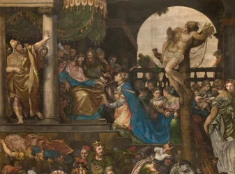 Wand gegenüber der Gegenfassade des südlichen Querschiffs, Giuseppe Campi, Triumph von Mordecai 1567, Detail obere Teil