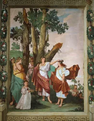 Die Nymphe Amaryllis wird zur Siegerin eines Kusswettbewerbs gekrönt, inspiriert von dem Schäferspiel "Der treue Schäfer" von Giovanni Battista Guarini (1538-1612), Villa Caldogno (UNESCO-Welterbeliste)