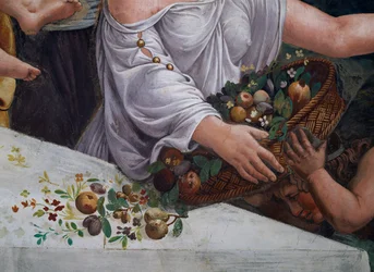 Ein Korb mit Früchten und Blumen, Detail des rustikalen Banketts zur Feier der Hochzeit von Amor und Psyche
