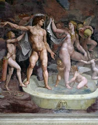 Das Bad von Mars und Venus, Fresko von Giulio Romano (1499-1546), Nordwand der Kammer von Amor und Psyche, Palazzo Te, Mantua (UNESCO-Welterbeliste, 2008), Lombardei, Italien