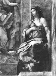 Barmherzigkeit, eine der zwei Tugenden um Papst Clemens I. (1-97), Raphael-Räume (Detail)