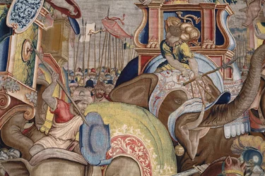 Flämischer Wandteppich. Serie Die Taten des Scipio. Die Schlacht bei Zama. Zeichner Giulio Romano. Atelier von Balthasar van Vlierden (?), Brüssel. 1523-1532. (Detail)